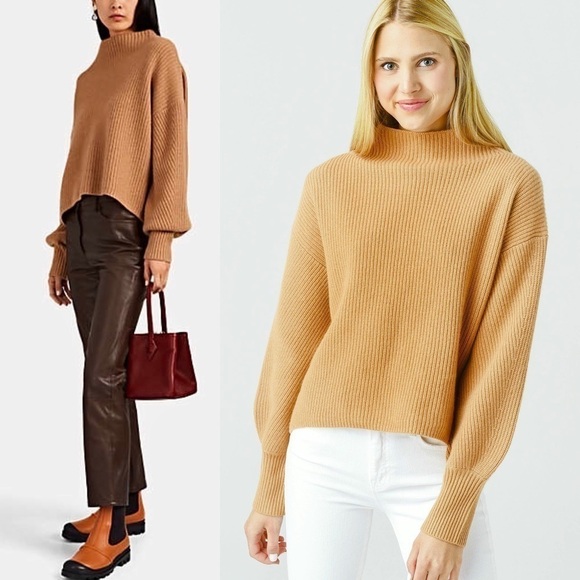 ALC Wool Cashmere Ribbed Knit Oversized Balloon Sleeve Boxy Mockneck Sweater XL - Picture 9 of 16